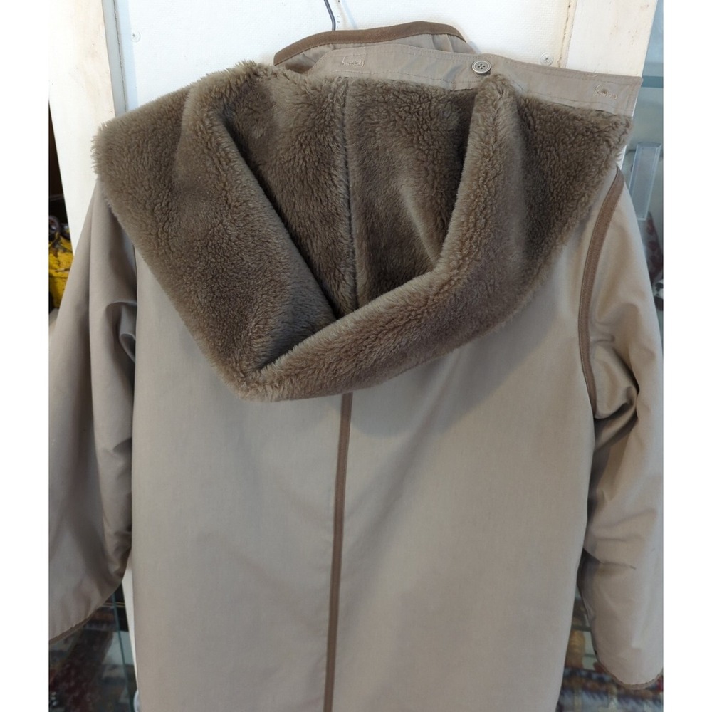 Vintage Orvis Canvas Sherpa Fur Trench Coat Jacket Long Womens 10 Brown Taupe - Picture 11 of 13